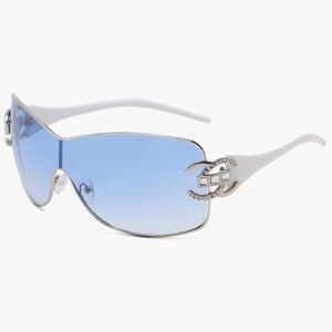 Blue Y2K rhinestone sunglasses with ombré lenses and white arms